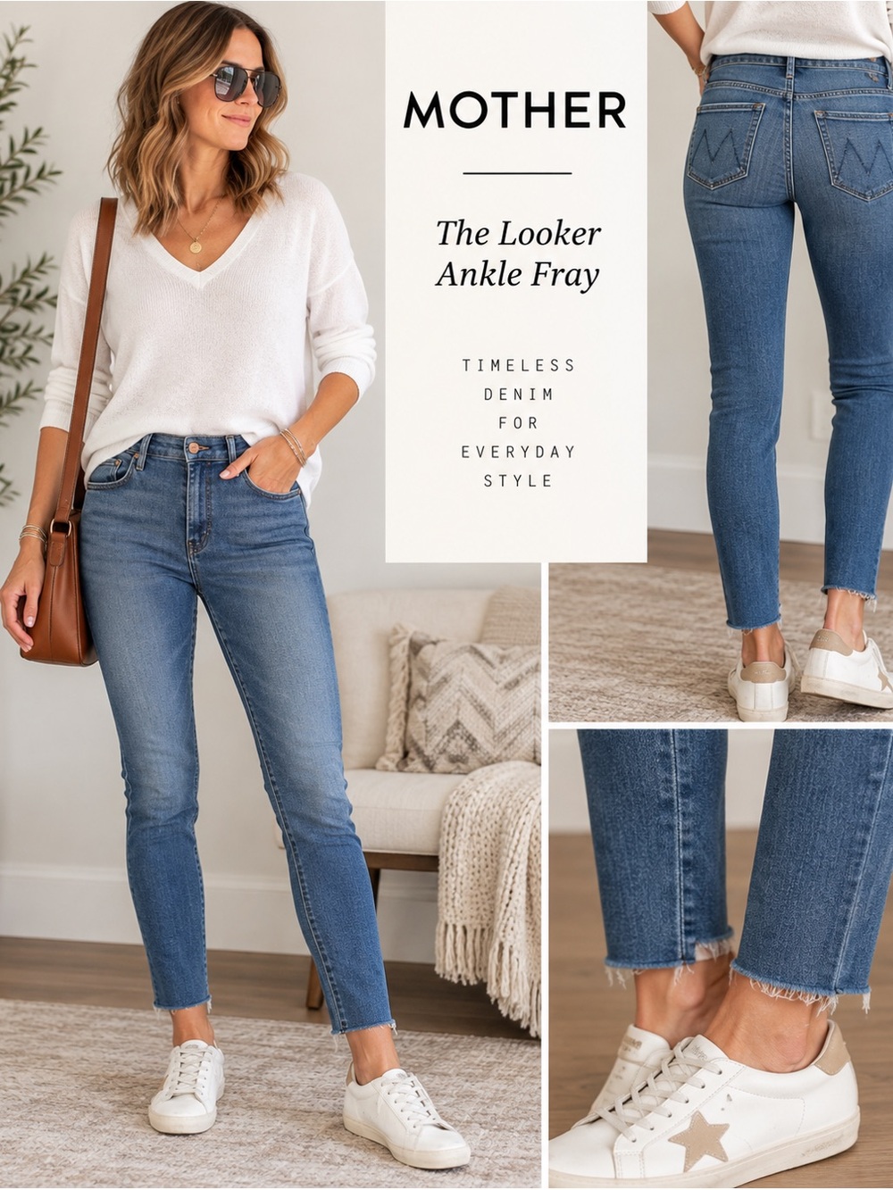 MOTHER The Looker Ankle Fray Jeans 29 Groovin Skinny Raw Hem Blue Denim